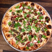 * El Sid Pizza · Spanish chorizo full of smokey hot flavor, red roasted peppers, roasted garlic, fresh cilant...