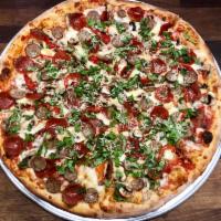 Pizza de la Casa · Sweet Italian sausage with fresh white mushrooms, roasted red bell peppers, roasted garlic, ...