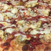 * Quattro Station Pizza · Roasted artichoke hearts, roasted red bell peppers, mushrooms, prosciutto and mozzarella.