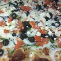 Greek Pizza · Fresh baby spinach, white onions, sliced black olives, roasted garlic, diced tomatoes, feta ...
