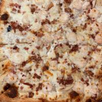 * Shrimp & Bacon Alfredo pizza (Top New) · Come with:  homemade cheesy Alfredo sauce, sauteed shrimp topped with roasted garlic,caramel...