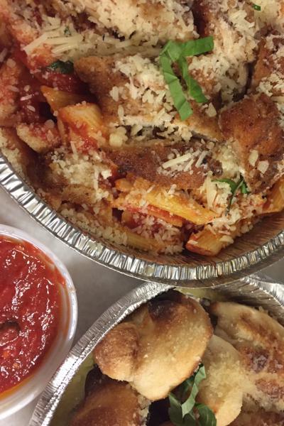 * Homemade Chicken Parmesan · Spaghetti or ziti. Served with choice of sauce and homemade garlic knots.