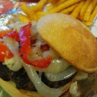 * Sweetie's Burger · All-natural Angus burger broiled with caramelized onion, roasted red pepper and Gorgonzola c...