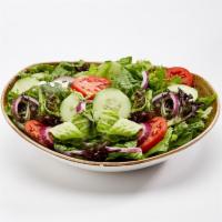 House Salad · lettuce medley, chopped tomatoes, cucumbers, red onions and house vinaigrette. Vegan.