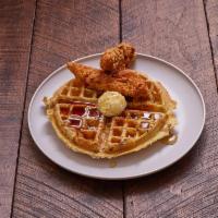 Bobby's Style Chicken and Waffles · Waffle stuffed with 2 tenders. Served with maple bacon, butter and warm syrup.