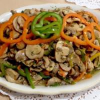 Mushroom Salad · Marinated mushrooms, chopped bell pepper, garlic and lemon juice