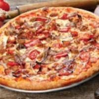 The Mammoth Pizza · Italian sausage, roasted red peppers, caramelized onions, Parmesan, tomato sauce and mozzare...