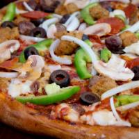 Supreme Pizza · Red sauce, original crust, mozzarella cheese salami, pepperoni, mushrooms, green peppers yel...