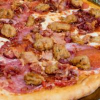 Meat Lovers Pizza · Red sauce, original crust, mozzarella cheese, pepperoni, salami, Canadian bacon, Applewood s...