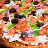 Epic Veggie Pizza · Red sauce, original crust, mozzarella cheese, mushrooms, red onions, green peppers, black ol...