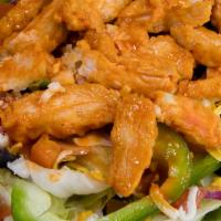 Buffalo Chicken Salad · Iceberg lettuce, grilled chicken, bell peppers, red onions, fresh tomatoes, mozzarella chees...