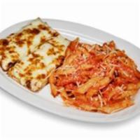 Marinara & Cheese Pasta · Penne rigati, marinara, mozzarella & Parmesan, herbs, and spices. Served with cheesy garlic ...