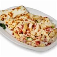 Chicken Alfredo Pasta · Penne rigati, creamy alfredo, mozzarella & Parmesan, chicken, crispy bacon, green onions, to...