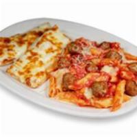Marinara & Meatball Pasta · Penne rigati, marinara, mozzarella & Parmesan, and Italian style meatball with herbs and spi...