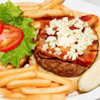 Blue Cheese Bacon Burger · Bacon and blue cheese crumbles.