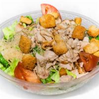 Chicken Caesar Salad Lunch · Romaine lettuce tossed with chicken breast, cheese, caesar dressing, and croutons.