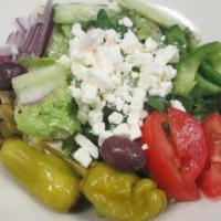 Greek Salad · Romaine lettuce, cucumbers, tomatoes, onions, feta cheese, pepperoncini, bell peppers, black...