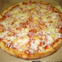 Hawaiian Pizza · Canadian bacon, ham, pineapple and mozzarella cheese.