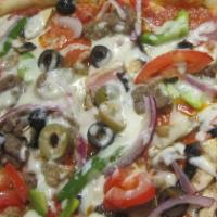 Suprema Pizza · Pepperoni, Italian sausage, onions, Canadian bacon, black olives, tomatoes, bell peppers, gr...
