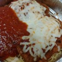 Chicken Parmesan Pasta · 2 hand breaded, sauteed chicken breasts topped with mozzarella and marinara sauce on a bed o...