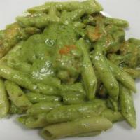 Chicken Penne Pesto · Penne pasta tossed with homemade basil pesto sauce. Fresh pastas served with small house sal...