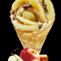 4. Caramel Fuji Apple Crepe · Caramelized apples raisins, custard cream, whipped yogurt, caramel sauce and granola.