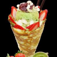 8. Matcha Azuki Bean Sweet Crepe · Sliced strawberries, red beans, matcha custard cream, whipped yogurt, matcha ice cream (gela...