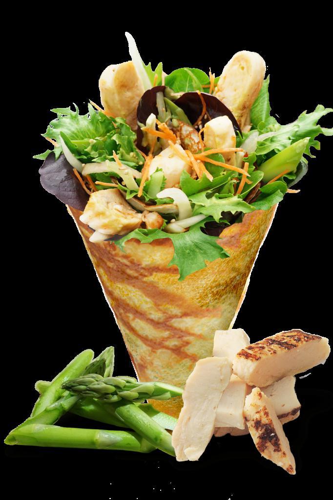 22. Thai Chicken Crepe · Sliced chicken breast, mesclun mix,Red peppers , cucumbers, julienned carrots, cilantro, Thai dressing, wasabi tofu sauce and sesame seeds.
