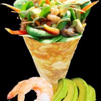 26. Shrimp Avocado Crepe · Shrimp, fresh avocados, baby spinach, julienned carrots, red peppers, shelled edamame (soybe...