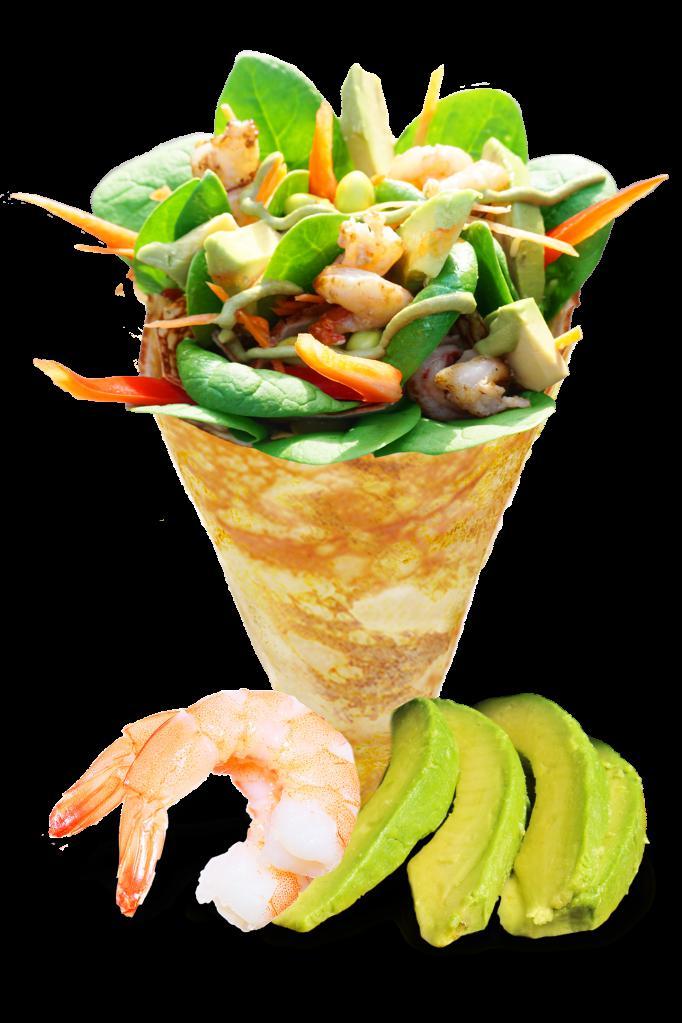 25. Shrimp Avocado Crepe · Shrimp, fresh avocados, baby spinach, julienned carrots, red peppers, shelled edamame (soy beans), chili Thai sauce and wasabi tofu sauce.
