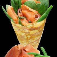 26. Smoked Salmon Crepe · Smoked salmon, cream cheese, baby spinach, capers, red onions and string beans.
