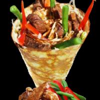 29. Angus Short Ribs Crepe · Angus shot ribs, chopped iceberg lettuce, julienned carrots, red peppers, crunchy shallots, ...