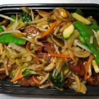 Beef Chop Suey · Served with white rice and crispy noodles.