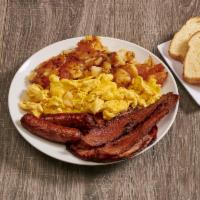 All American Breakfast · Served with 2 bacon strips, 2 delicious sausages, a ham steak and 2 farm fresh eggs cooked a...
