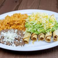 Combo #1 Five Rolled Tacos · Choice of Beef or Chicken, Topped with Guacamole,  Lettuce & Cheese. Includes Rice And Beans