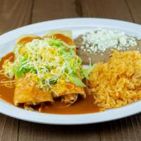 Combo #3 Two Enchiladas · Choice of Shredded Beef, Shredded Chicken, Cheese or Ground Beef with Lettuce & Cheese. Incl...