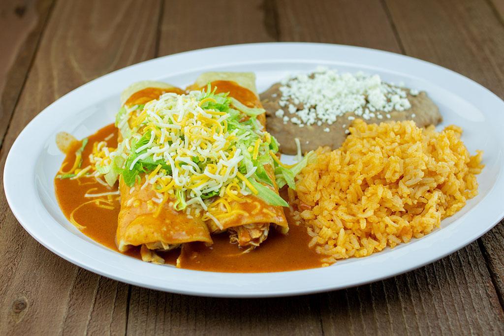 Combo #3 Two Enchiladas · Choice of Shredded Beef, Shredded Chicken, Cheese or Ground Beef with Lettuce & Cheese. Includes Rice & Beans.
