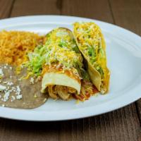 Combo #5 Enchilada & Taco or Bean Burrito · One Shredded Beef,Shredded Chicken or Ground Beef Enchilada & one shredded beef hard shell t...