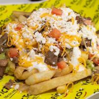 Fries · Topped with beans, guacamole, sour cream, pico de gallo, cheese, and your choice of meat
