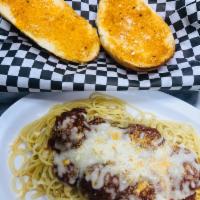 Spaghetti with Meatballs · Served with garlic bread.
