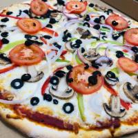 Vegetarian Pizza · Green bell peppers, mushrooms, black olives, onions, Roma tomatoes, garlic and mozzarella ch...
