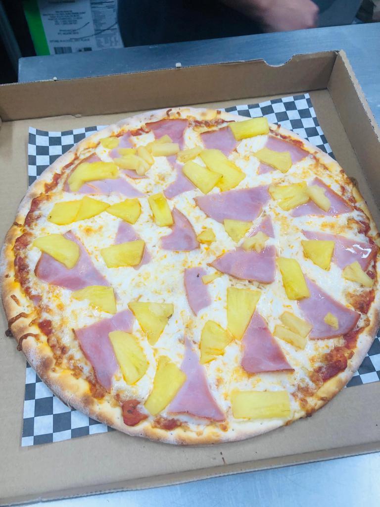 Hawaiian Pizza · Canadian bacon, fresh cut pineapple and mozzarella cheese.
