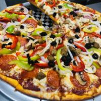 Oro's Everything Pizza · Pepperoni, Mushrooms, bell peppers, onion, sausage, black olives, mozzarella cheese