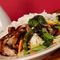 Grilled Chicken Teriyaki Bowl · Sliced roasted lean dark meat chicken with assorted vegetables served over rice. Served with...