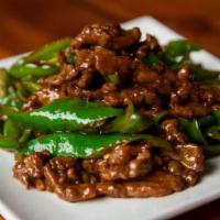 B2. Beef in Brown Sauce · Stir-fried with peppers and scallions in brown sauce. Spicy.