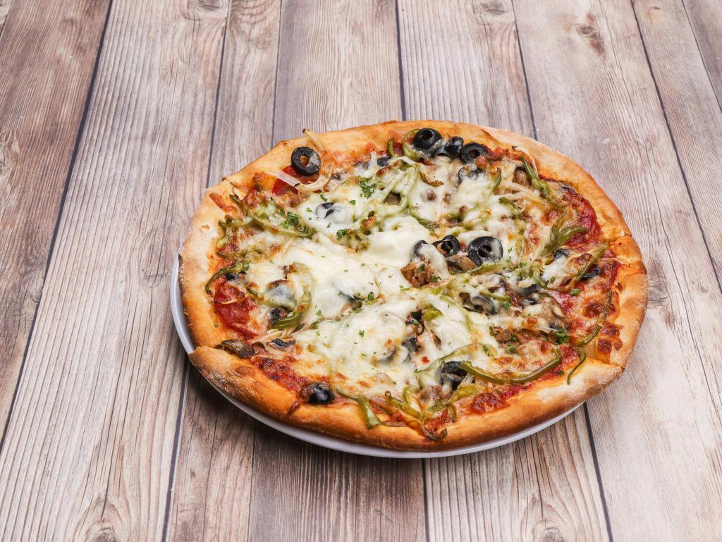 Thin Crust Deluxe Pizza · Pepperoni, onion, mushrooms, beef, sausage, green peppers, black olives, and extra cheese.