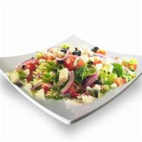 Greek Salad · Romaine lettuce, tomato, feta cheese, bell peppers, cucumber, kalamata olive, onion, and bal...