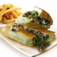 Philly Cheesesteak Sandwich · Thinly sliced skirt steak with grilled onions, mushrooms, bell peppers, melted cheese and ma...