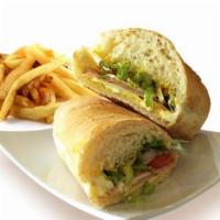 Ham and Cheese Sandwich · Sliced ham and cheese, lettuce, tomatoes, onions, mayo and mustard. Served with a side of Fr...
