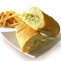 Albacore Tuna Sandwich · Tuna, lettuce, tomato, and mayo. Served with a side of French fries.
